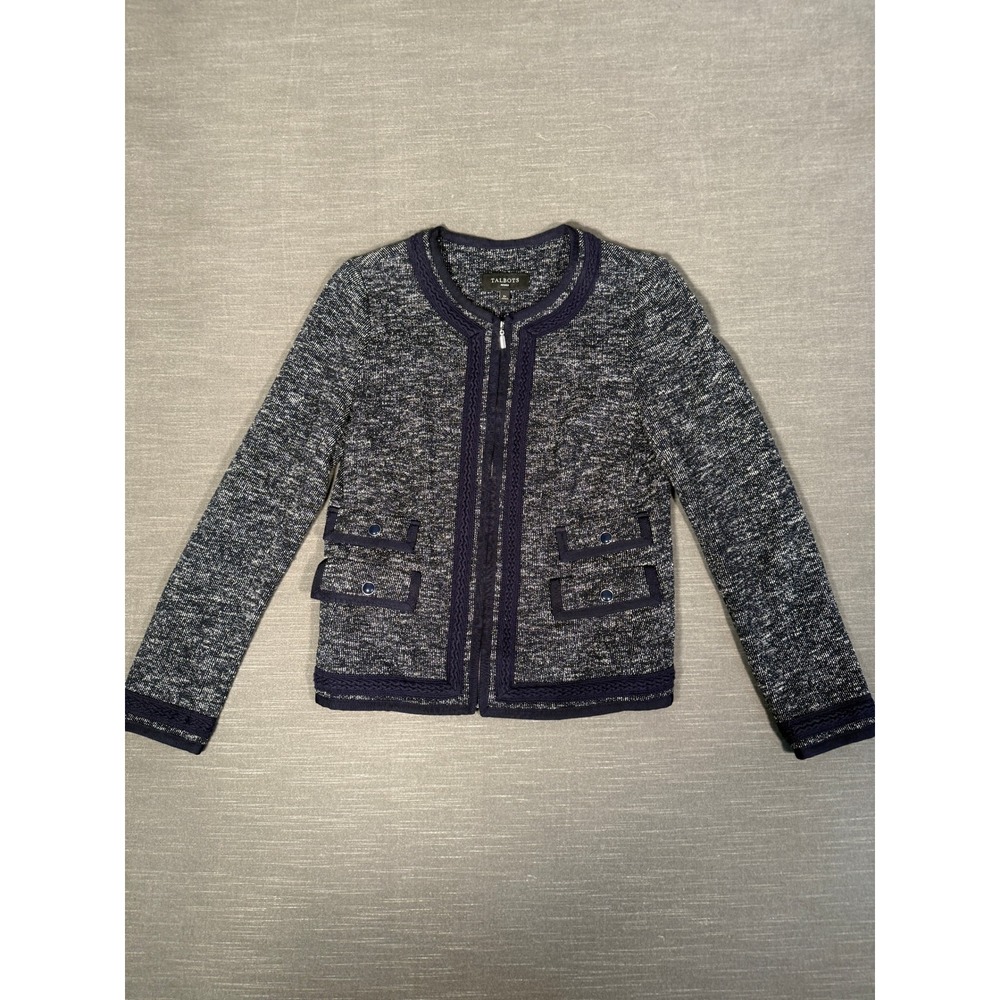 Talbots Tweed Knit Jacket Braided‎ Trim Pockets Zip Navy White Women's 6P Blazer